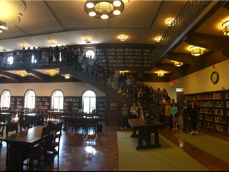 Students on a library staircase